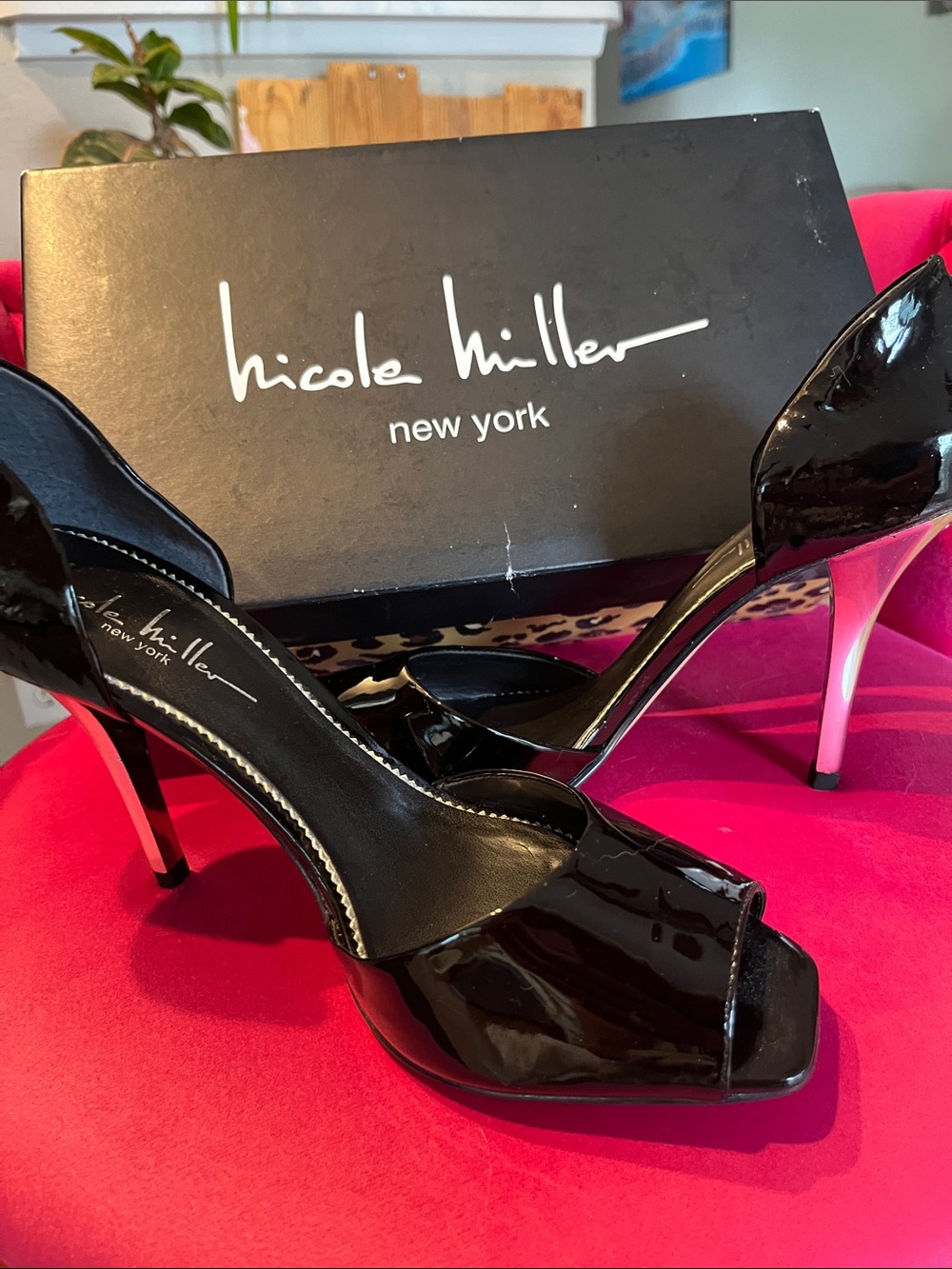 Nicole Miller Black Patent Open-Toe Stiletto Heels